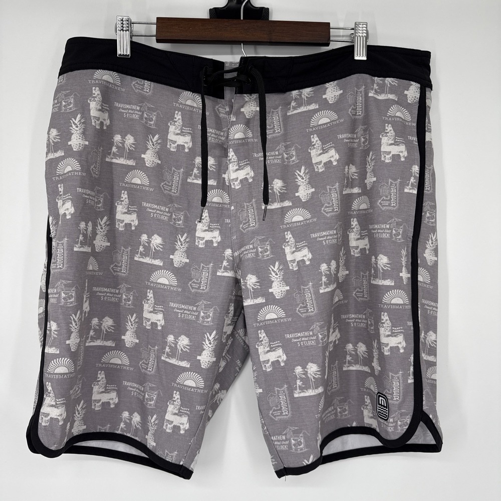 Travis Mathew El Fiestro Board Shorts Mens 38 Quick Dry Surf Trunks Gray Beach
